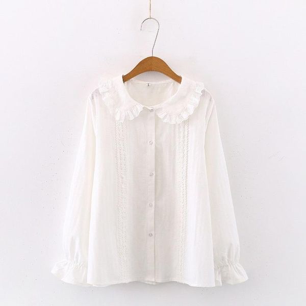 

women's blouses & shirts cotton 100% white women summer sweet style ruffles solid elegant office lady hollow out design outwear coats