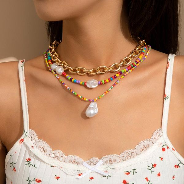 

pendant necklaces lacteo 3pcs/set bohemian colorful color acrylic beeds clavicle chain choker necklace fashion pearls jewrlry for women, Silver