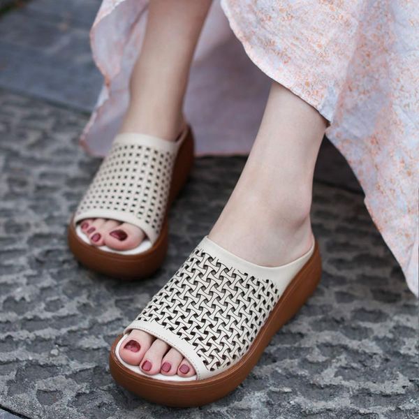 

slippers women leather embroidery high heels summer shoes peep toe beach genuine wedge shoes2021, Black