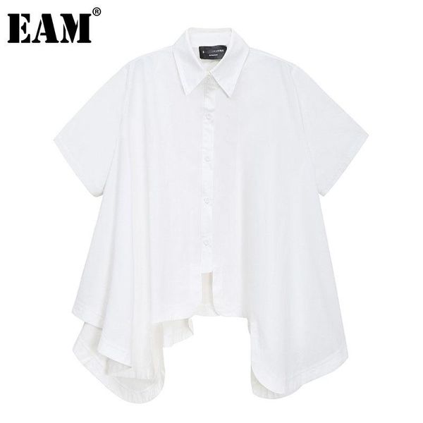 

women's blouses & shirts [eam] women white big size ruffle irregular blouse lapel short sleeve loose fit shirt fashion spring summer 20