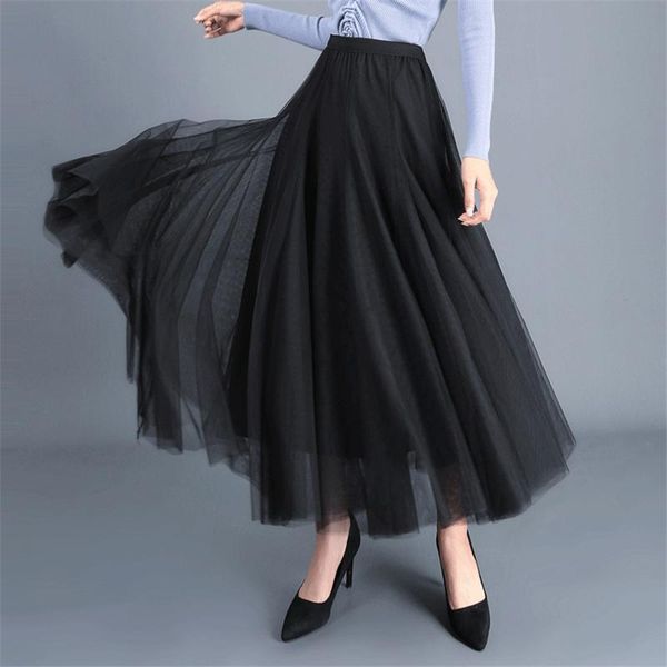 

skirts high waist tulle for young women spring & summer elegant fairy pleated yarn skirt maxi a-line long bsq026, Black