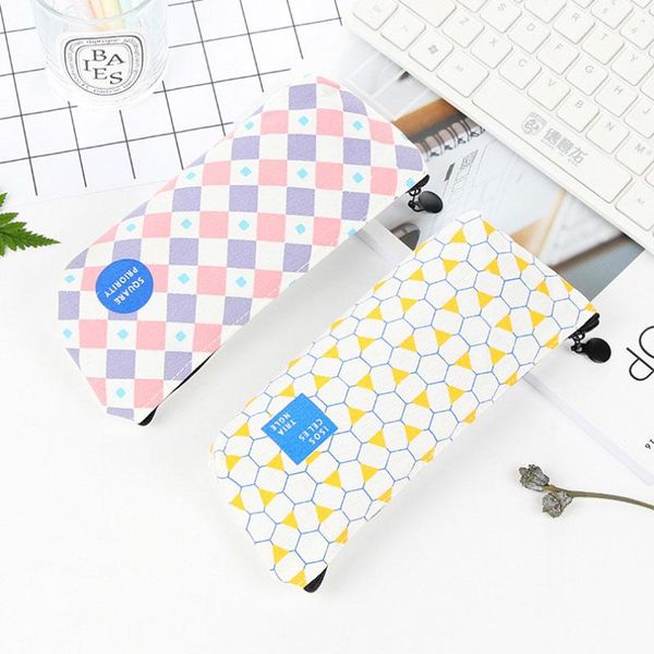 

1x korean geometric pen bag kawaii pencil big capacity pu stationery cute box case school office supplies bags