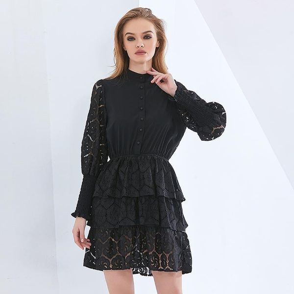 

casual dresses female womens dresss solid color embroidery lace summer women dress long sleeve high waist white, Black;gray