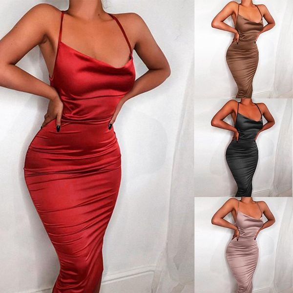 

casual dresses women neon satin lace up sleeveless backless long dress, Black;gray