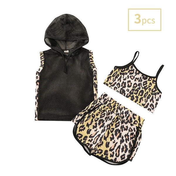 

clothing sets 2021 girls' three-piece leopard print pullover camisole tube shorts suit hooded fashion sports, White