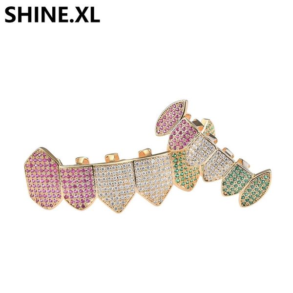 

iced out full zircon teeth grillz gold plated and bottom vampire teeth caps mens bling body jewelry, Black