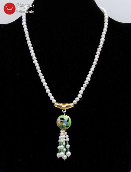 

pendant necklaces qingmos natural pearl necklace for women with 5-6mm white round & 18mm green cloisonne fine jewelry 18'', Silver