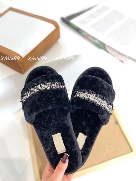 

luxury designer ladies slippers 2022 brand comfortable plush fashion classic lazy home shoes hair drag size s m l, Black