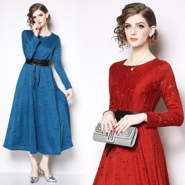 

casual dresses elegant vintage fashion women lace slim tunic high waist evening party dress lady long sleeve big swing maxi, Black;gray
