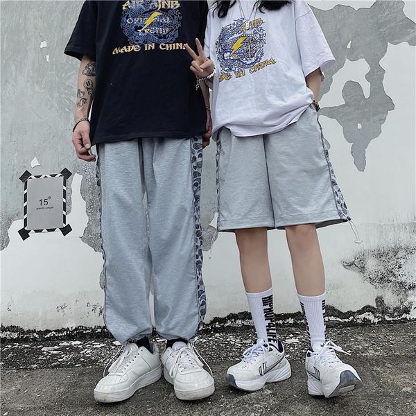 

men's shorts summer harajuku pants men cashew flower hip hop reflective trousers loose bf wide leg straight daily sweatpants unisex, White;black