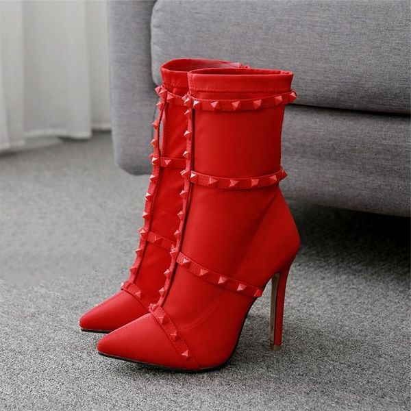 

boots fashion pointed toe women ankle 2021 heels shoes red stiletto stretch fabric rivet short booties ladies, Black