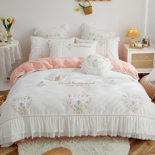 

bedding sets 2021 washed cotton princess style bed set double  king size duvet cover sheet pillowcase 4pcs