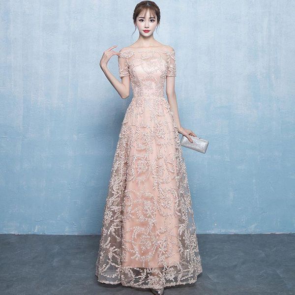 

pink off shoulder evening dress slim elegant cheongsam satin wedding bride qipao floral vestido size xs-2xl ethnic clothin, Red