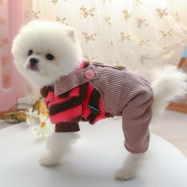 

dog apparel flannel stripe winter clothes overall warm jacket for small puppy animal with corduroy pants red orange yellow outfit pugs