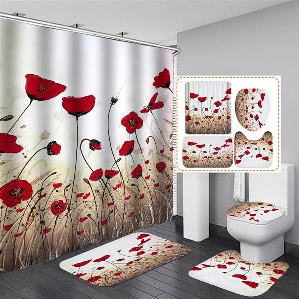 

shower curtains 3d flowers flroal printed white curtain set toliet lid cover anti-slip bathroom mat flannel soft home bathing carpets