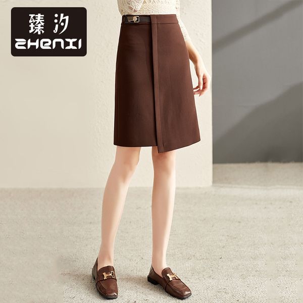 

skirts zhenxi style temperament high waist irregular one-step women's thin wrap hip a-shaped middle skirt tf179, Black