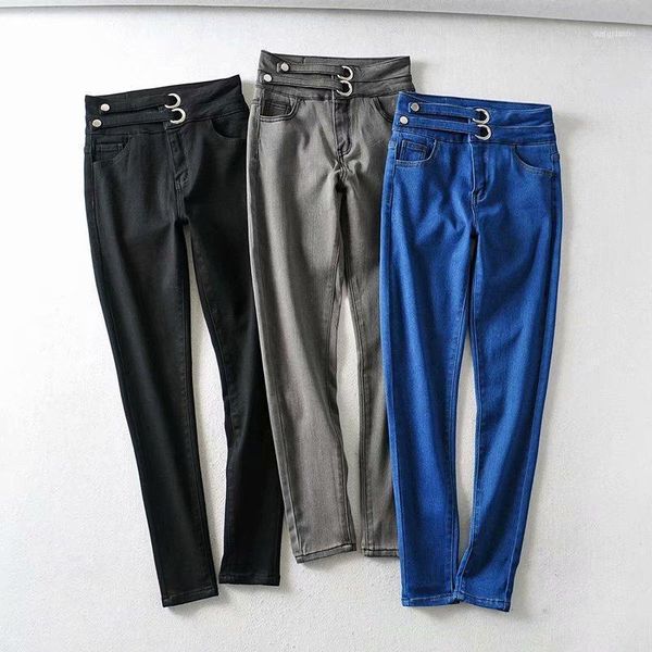 

women's jeans woman high waist skinny denim pencil pants 2021 fashion european style solid button office lady slim female long trousers, Blue