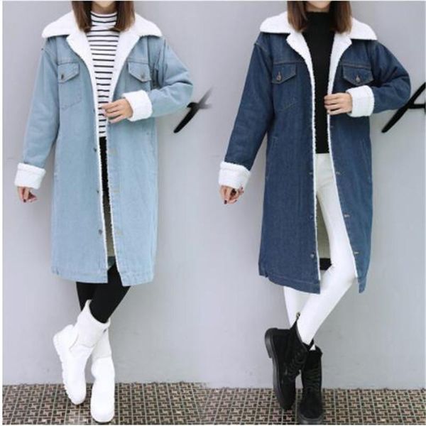 

women's trench coats winter fashion women thick coat full sleeve fleece warm slim long denim windbreaker outerwear casaso femme, Tan;black
