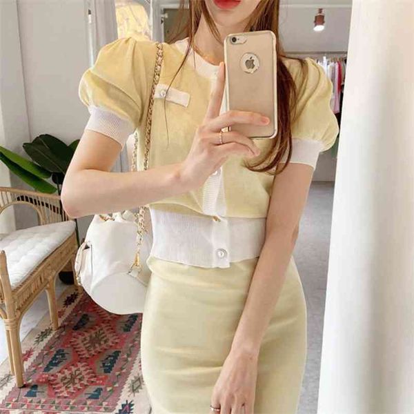 

korean casual knitted 2 piece set women crop short sweater cardigan + long skirts sets suits female two outfits 210514, White