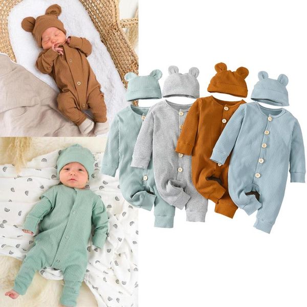 

jumpsuits 0-24m born infant baby boy girl autumn romper long sleeve solid jumpsuit hat 2pcs outfit, Blue