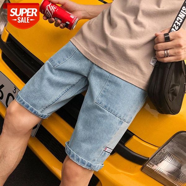

hong kong style denim shorts for men and women five split loose straight middle pants students #2809, Blue