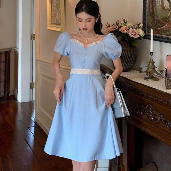 

puff sleeve high waist retro dress women's square collar a-line midi korean style summer elegant female clothes 210526, Black;gray