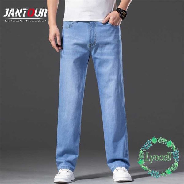 

autumn men's lyocell light blue jeans plus size 40 42 44 loose straight denim pants male classic brand trousers male 211008