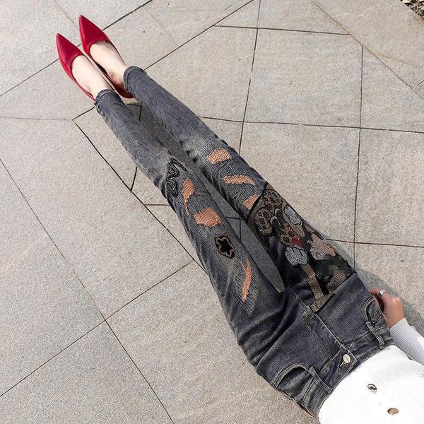 

women's jeans 2021 spring autumn women cartoon drilling ripped stretch skinny denim pants high waist lady pencil jean streetwear, Blue