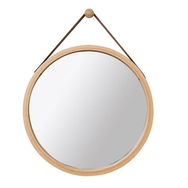 

mirrors hanging round wall mirror in bathroom & bedroom - solid bamboo frame adjustable leather strap