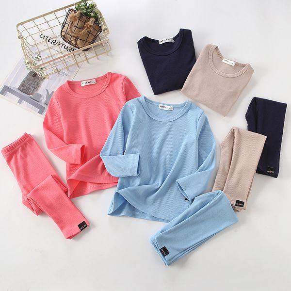 

new autumn spring children kids pajamas baby boys girls solid cotton lounge set home wear 2pcs elastic underwear 2t-6t 210304 94 z2, White