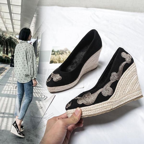 

sandals 2021 princess kate's same suede wedge single shoes women's printed embroidery espadrilles spring autumn high heels, Black