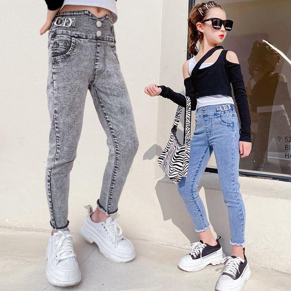 

jeans teen trousers kids girls 2021 spring autumn childrens girl high waist slim stretch denim pants, Blue