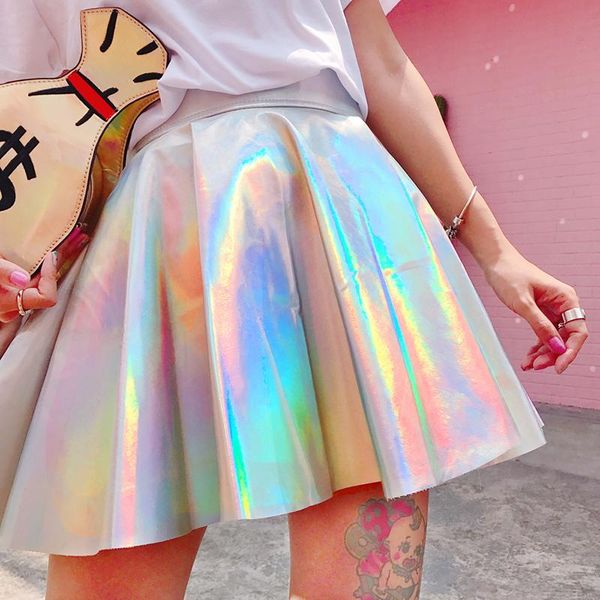 

skirts holographic pleated women pu solid harajuku casual laser hight waist micro mini short jk rainbow, Black