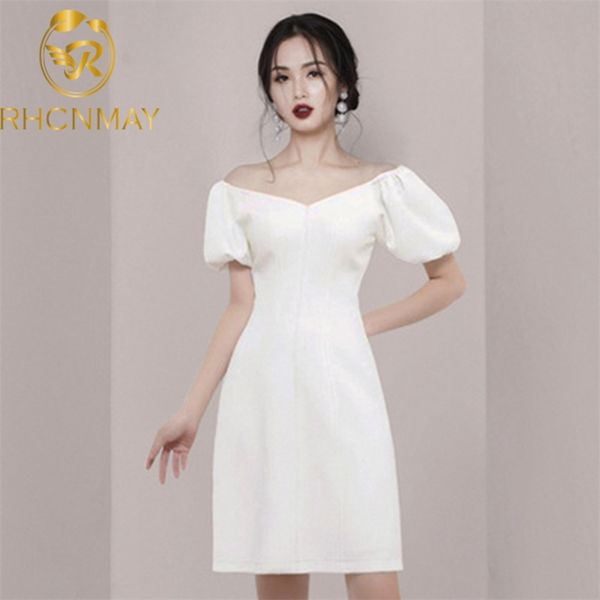 Frauen Puff Sleeve Weiß Sommer Kleider Elegante Dünne A-linie Mini Kleid Fashion Runway Vintage Business Casual Arbeit Vestidos 210506