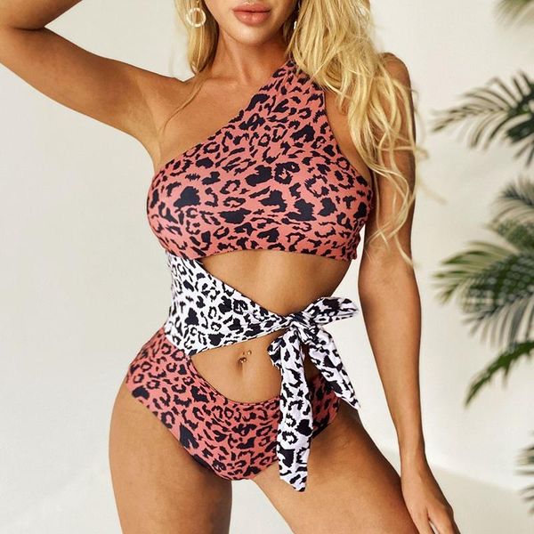 

one piece swimsuit monokini shoulder bikini bandage leopard print swimwear lady patchwork bathing suit women bathers one-piece suits