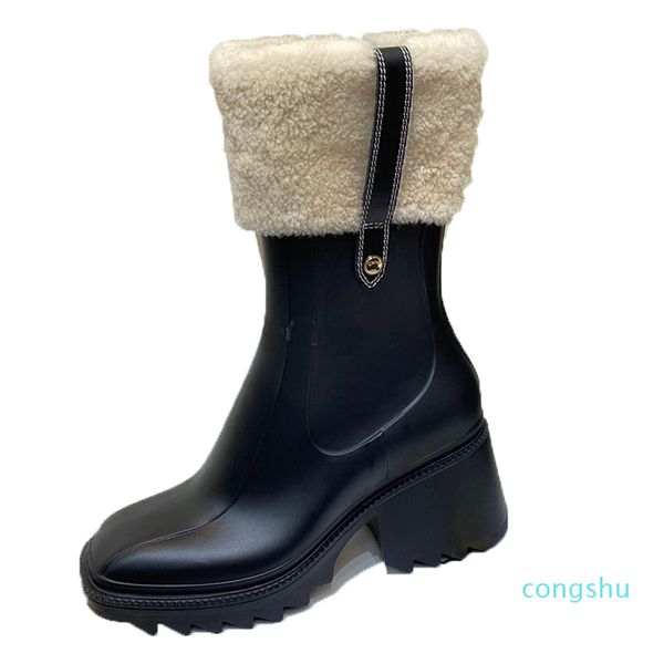 

women designer betty rubber rain boots block heel sleek square toe pvc leather boot style woman shoes size 35-40 11, Black