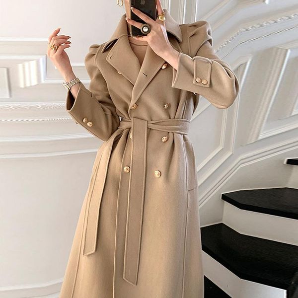 

women's wool & blends vintage women winter coat 2021 double-breasted turn-down collar elegant loose woman long jacket female cardigan o, Black