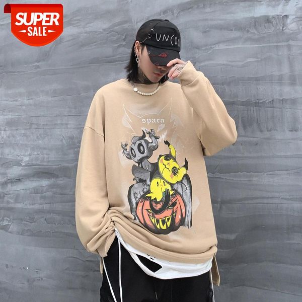 

retro anime round neck sweater male student flow long sleeve loose fried street brand jacket #z22j, Black