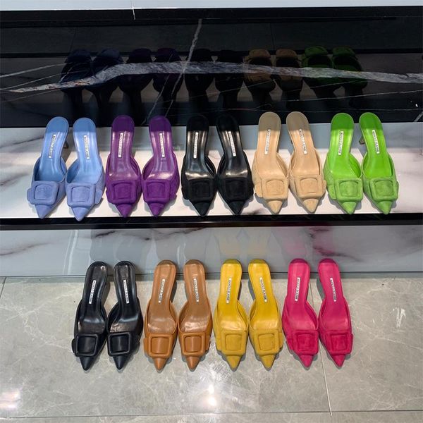 

slippers 2021 spring and autumn leather mules shallow mouth pointed toe square buckle half drag stiletto heel women's elegant shoes, Black