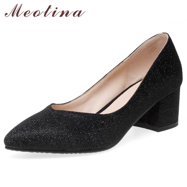 

dress shoes meotina high heels women pumps luxury square work shallow pointed toe office lady sliver plus size 33-43, Black