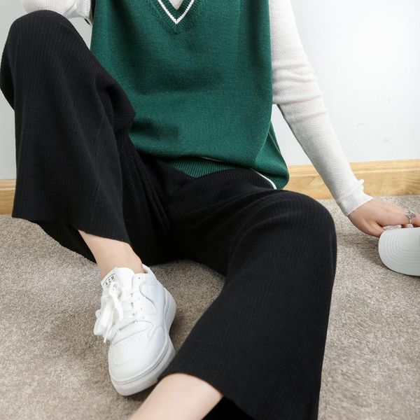 

women's pants & capris wool blend 2021 knitted loose wide-leg pants, high-waist elastic drawstring, endless outer wear trousers joggers, Black;white