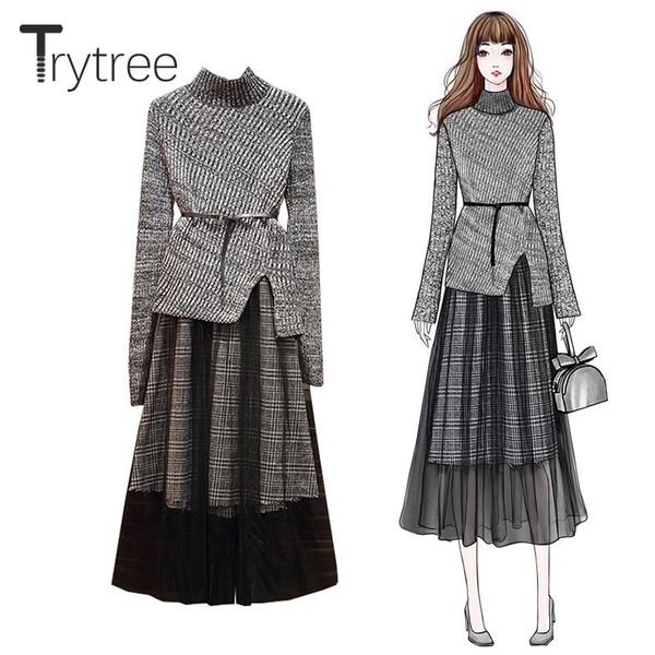 

two piece dress trytree autumn winter set casual turtleneck belt irregularity split hem + skirt mid-calf plaid fashion a-line, White