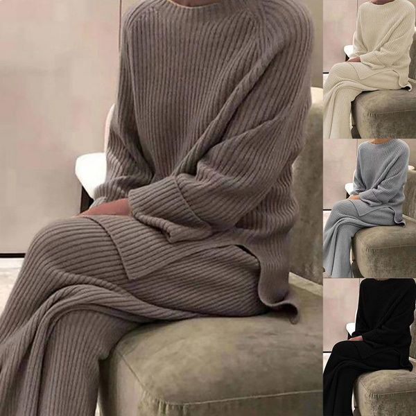 

women's two piece pants women knitted tracksuit o-neck sweater casual suit 2021 autumn winter 2 set knit wide leg elegant femme clothes, White