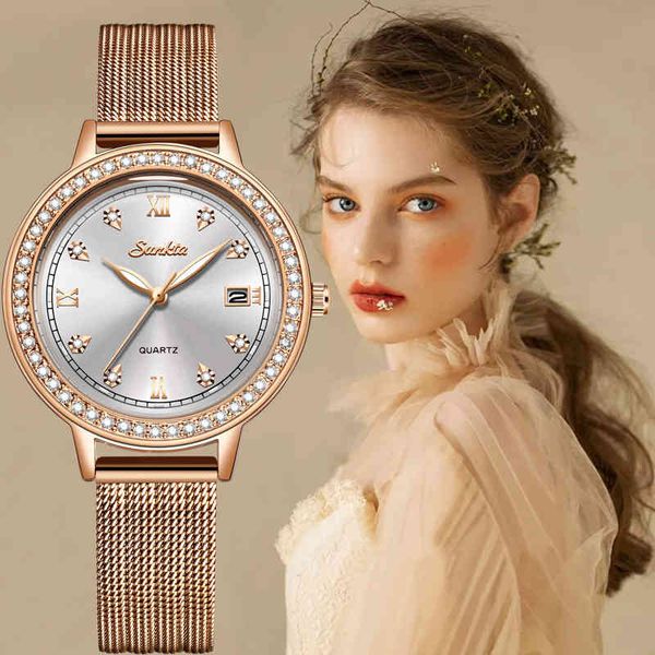 

fashion women watch luxury sunkta casual simple ladies daily dress mesh wristwatch minimalist waterproof quartz female clock+box 210517, Slivery;brown