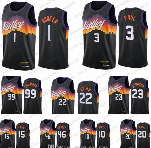 

phoenixsunsmen devin 1 booker chris paul deandre ayton jae crowder 2020-21 black city basketball jersey new uniform, Black;red
