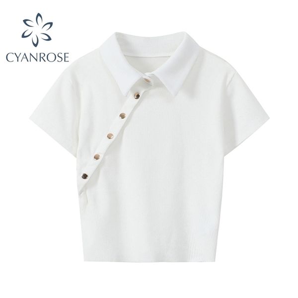 

streetwear turn down collar white t-shirt women summer korean style button cardigans tee casual short sleeve crop 210515
