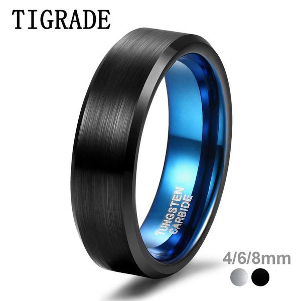 

cluster rings tigrade men tungsten ring 4/6/8mm black man women finger band blue inside cool classic wedding engagement, Golden;silver