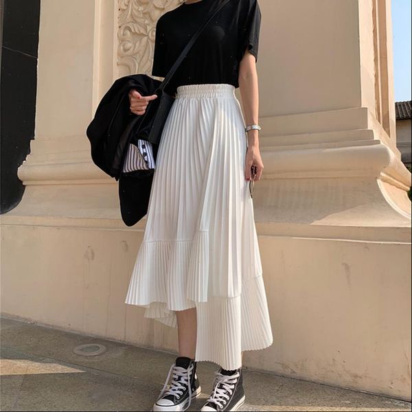 

summer women skirt long skirts womens high waist asymmetrical pleated harajuku plus size white black faldas jupe femme