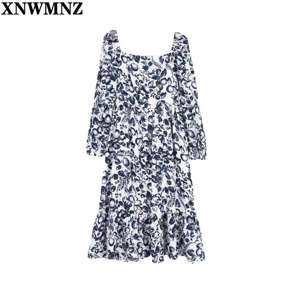 

women's dress aesthetic clothes vintage soft long sleeve boho floral print midi dress women square collar dresses femme robe 210510, Black;gray