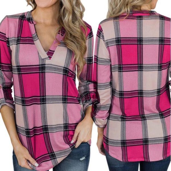

women's t-shirt wish spring and autumn shirts plaid printed v-neck long sleeve t-shirts, White